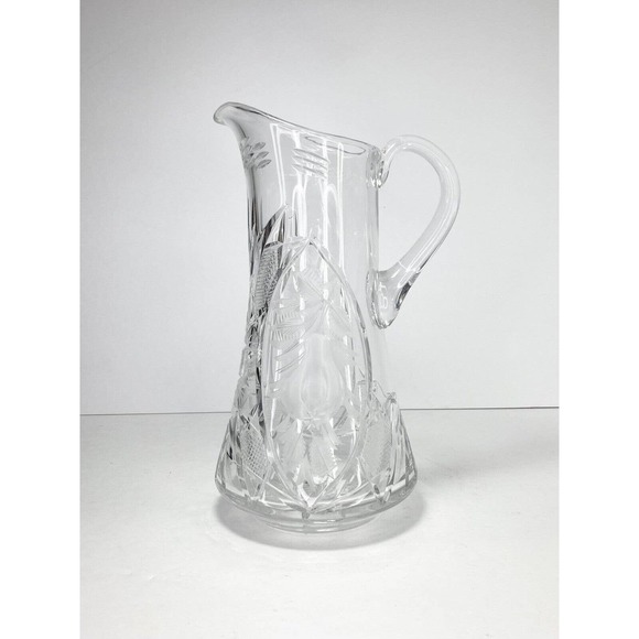 Large Beautifully Cut Crystal Fruit Motif/Starburst Handled Pitcher 11 1/4” 44oz - Picture 1 of 7